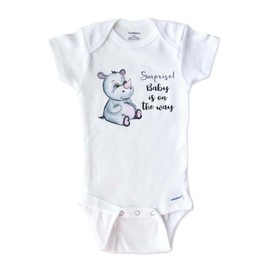 Hello Handmade Surprise Baby is on the way Rhino animal bodysuit surprise Birth Pregnancy reveal (White, 3-6 months)