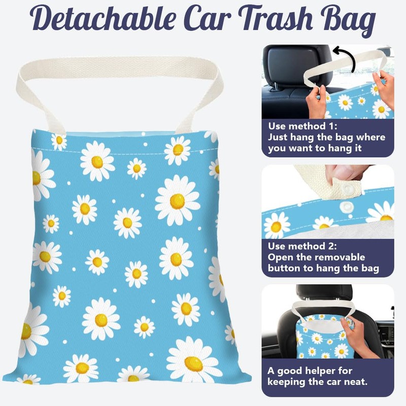 DELORIGIN Car Garbage Bag with Daisy Floral Print, Hanging Bin