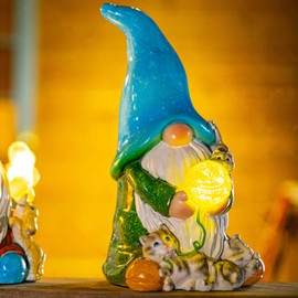 FLJZCZM Solar Garden Gnome Statue with Light, Funny Blue Hat Gnome Sculpture for Outdoor Patio Yard Lawn Balcony Ornaments - Unique Housewarming Gifts