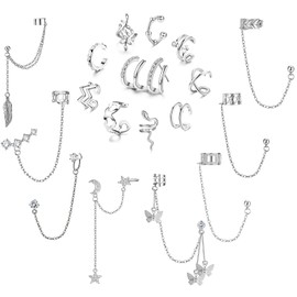 Diamday Ear Cuff Earrings Chain Earrings for Women Adjustable Helix Cartilage Clip On Wrap Earrings Cuffs Ear Clip Ear Cuffs Set Ear Cuff Fake Earrings 18 Pieces, Brass