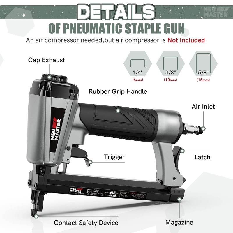 NEU MASTER Pneumatic Staple Gun, 20 Gauge Upholstery Stapler with
