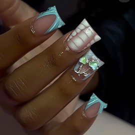 RUOKEXIN Medium Press on Nails French Tip Fake Nails Duck False Nails with Designs Blue Nail Press ons Sparkly Acrylic Artificial Nails for Women 24Pcs