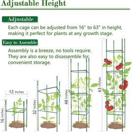 6Pack 12" Width Up to 48" Height Adjustable Square Tomato Cages for Garden, Plant Support Stakes for Climbing Vegetable, Tomatoe, Flower, with Twist Ties Snap-On Stake Arms