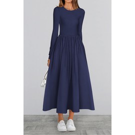 BTFBM Casual Long Sleeve Dresses Fall Dresses Solid Wedding Guest Dress Midi Dress Flowy Bohemian Long Dress(Solid Navy,Medium)