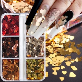 6 Grids Valentine's Day Nail Art Glitters, Sequins, Holographic Heart Love Retro Acrylic Nails Designs Stickers for Valentine's Party Decorations