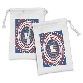 Ambesonne Louisiana Fabric Pouch Set of 2, Spiral Old Glory Themed Stripes with a Silhouette of Pelican State, Small Drawstring Bag for Toiletries Masks and Favors, 9" x 6", Vermilion White and Blue