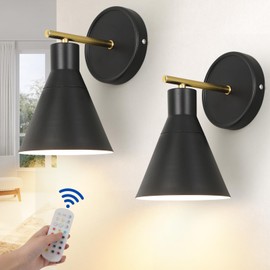 Bailoch Black Rechargeable Batttery Operated Wall Sconces Set of 2, Wireless Battery Powered Non Hardwired Wall Lights, 300LM Dimmable Cordless Lamp Fixure with Remote for Bedroom Living Room Hallway