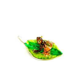 Handmade Mini Orange Frog with Leaf Art Glass Blown Animal Figurine No.1 - Model Y2016