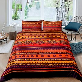 Bohemian Duvet Cover Set Hippie Boho Style Comforter Cover for Kids Boys Girls Southwestern Geometric Patterns Bedding Indian Exotic Quilt Cover Vintage Stripe Room Decor 2Pcs Bedclothes Single Size