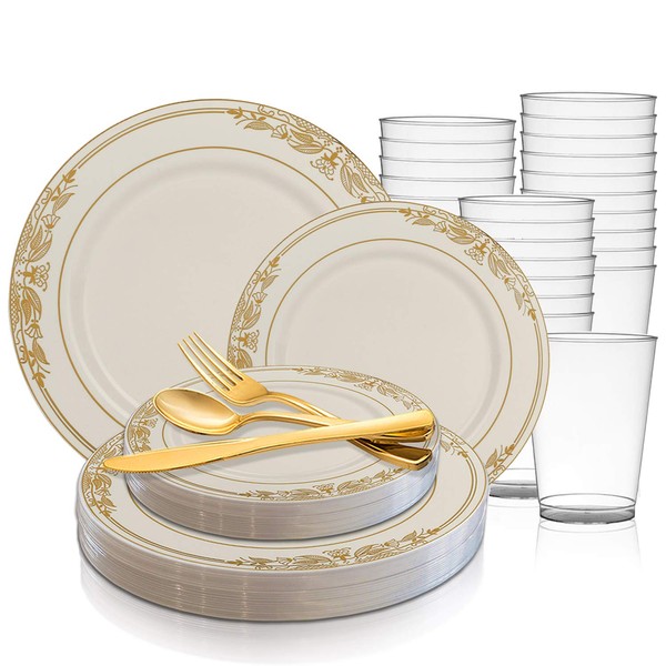 Disposable Plastic Dinnerware Wedding Value Set for 60 Guests - Fancy Round White with Burgundy & Gold Dinner Plates, Dessert Plates, Gold Silverware Set & Cups For Birthday Party & Other Occasions