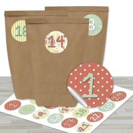 Papierdrachen Adventskalender zum Befüllen - mit 24 braunen Papiertüten und 24 dezenten Aufklebern - zum Selbermachen und Basteln - Mini Set Nr 24 - Weihnachtskalender für Kinder