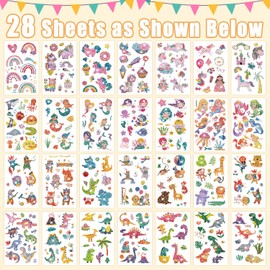 Partywind 310 Styles Glitter Party Supplies for Kids, Temporary Tattoos for Kids Birthday Party Decorations Favors, Surprise Goodie Bag Stuffers with Dinosaur/Mermaid/Animals (28 Sheets)