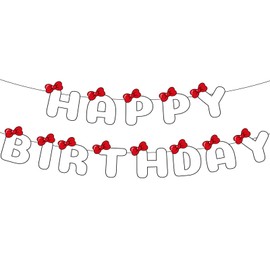 Happy Birthday Banner, Cute Cartoon Party Favors Sweet Red Bow Happy Birthday Banner Cartoon Themed Party Supplies for Bday Parties