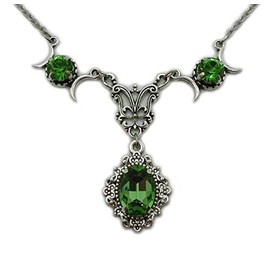 Triple Moon Goddess Lunar Celestial Silver Filigree Necklace Pendant Choker Bridal Wedding Renaissance Medieval Edwardian Art Nouveau Gothic (Light Peridot Green)