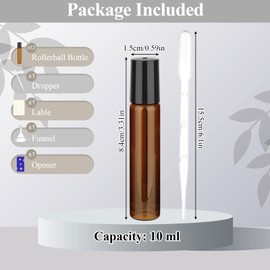 12 Pack Amber Roller Bottles for Essential Oils, 10ml Glass Roll On Bottles for Travel and Lip Gloss, Empty Perfume Roller Ball Applicator Bottle With Lid, Dropper, Funnel, Opener, Labels