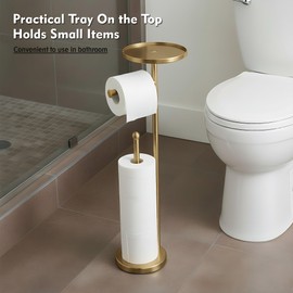 Gold Toilet Paper Holder with Shelf, Tissue Roll Holder Stand with Storage for Holding Extra 4 Toilet Paper Rolls, Stainless Steel Rustproof Freestanding (Brushed Gold)