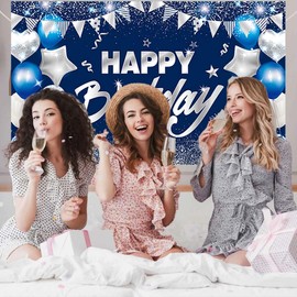 Jeechunlim 180x110 cm Glitter LargeHappy Birthday Backdrops Cloth 71x43 in. Birthday Photography Background Happy Birthday Sign Wall Banner Birthday Celebration Decoration for Men Women (Blue+White)
