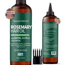Natural Riches 100% Pure Premium Rosemary Oil For Hair Growth Infused With Biotin & Vitamin E Jojoba & Castor Oil Hair Strengthening Treatment | Nourishing & Volumizing | Non GMO Verified 8 Fl oz.