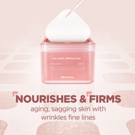 MEDIHEAL Collagen Ampoule Pad – Square Cotton Facial Toner Pads Collagen & Ceramide - Skin Firming & Restore Elasticity - Tighten Wrinkles & Lines - Vegan Eco Silk Wipes, 100 Pads