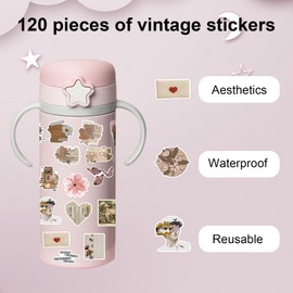 120 PCS Vintage Stickers, Kindle Stickers, Waterproof Aesthetics Stickers, Water Bottle Stickers, Notebook Stickers for Notepad Album Scrapbooking Stickers Decoration