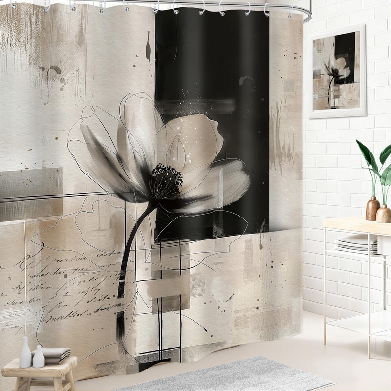 LIGHTINHOME Abstract Flower Shower Curtain 72x72 Black Tan Bathroom Decor