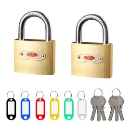 Padlock with Keys, 2 Pcs Solid Brass Padlock, Locker Padlock with 6 Pcs Key Tags for School, Gym Locker, Garage, Luggage, Shed, Yard (Yellow)