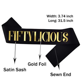 LXYXUUN Fiftylicious Birthday Sash Black, Gold Foil Birthday Sash for 50th Funny Birthday Party Decorations, FIFTYLICIOUS Bday Sash Gift Ideas