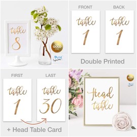 Merry Expressions Gold Wedding Table Numbers Cards (1-30 + Head Table) 4x6 Double Sided Modern Calligraphy Foil Design Best for Receptions, Banquets, Cafés, Restaurants & Parties