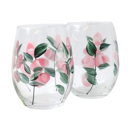 Blushing Blossoms: Hand-Painted Pink Rose Bud Stemless Wine Glasses - Set of 2 - Mother's Day Gift Idea