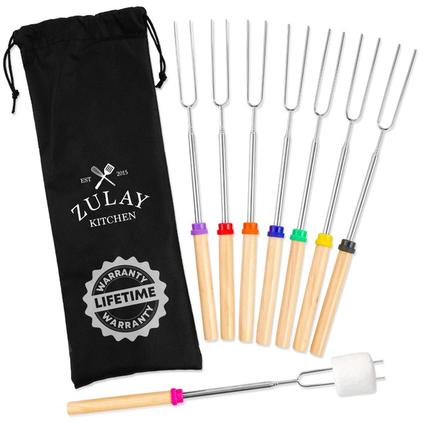 Zulay Sturdy Marshmallow Sticks for Fire Pit Extra Long - Great Smores Sticks Smores Kit for Fire Pit - Marshmallow Roasting Skewers - Hot Dog Fork Bonfire Glamping Camping Accessory 32" 8 Pack Bundle