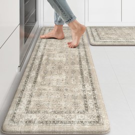 KIMODE Kitchen Mats Cushioned Anti Fatigue, Boho Vintage Kitchen Rugs Sets of 2, Non Slip Kitchen Mats for Floor, Padded Kitchen Floor Mat for Sink, Laundry, Desk Khaki 17"x47"+17"x29"