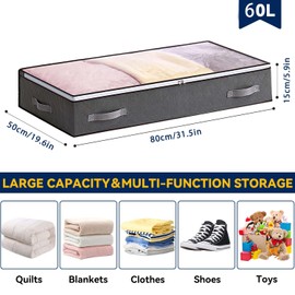 Boic 1 Pack Underbed Storage, 60L Underbed Storage Bags, Under Bed Storage Box With Lid, Underbed Storage Boxes Clothing Storage Bags With Reinforced Handle For Clothes Quilts Blankets Beddin