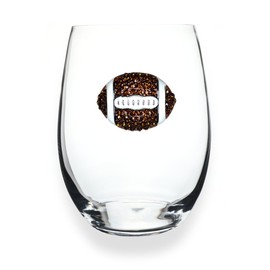 THE QUEENS' JEWELS Football - Brown and White - Jeweled Stemless Wine Glass, 21 oz. - Unique Gift for Women, Birthday, Cute, Fun, Not Painted, Decorated, Bling, Bedazzled, Rhinestone