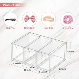 JDOTL Hair Accessories Organizer for Girls, Clear Acrylic Hair Tie Bow Claw Clip Scrunchie Holder with 3 Drawers, Cute Stackable Storage Container Caddy Box for Bathroom Vanity Countertop