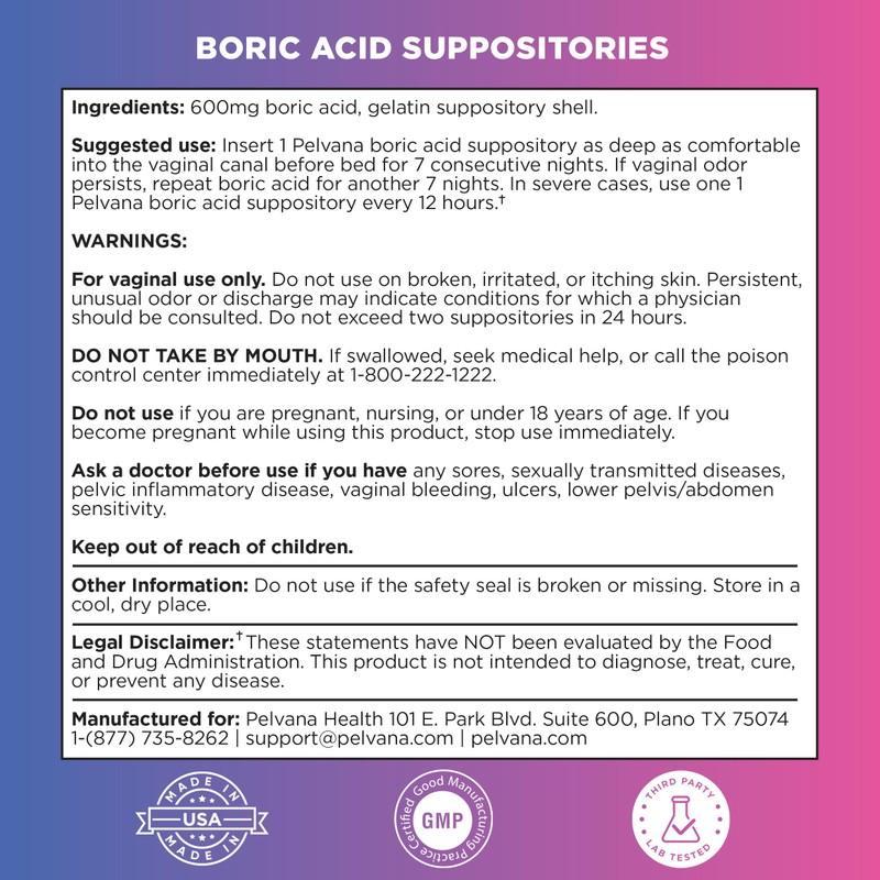Pelvana Boric Acid Suppositories for Women 30 + 7 Applicators