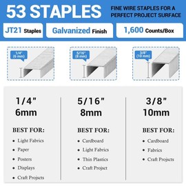 meite JT21 Staples, 1/4 Inch Galvanized Fine Wire Staples for Staple Gun - 1,600 Counts, 7/16" Crown JT21 Staple Refill, Ideal for Upholstery, Crafts, Furniture