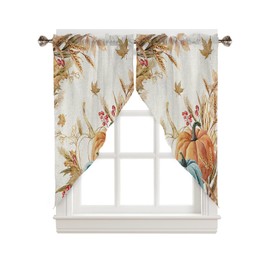 Swag Curtain,Fall Thanksgiving Watercolor Pumpkin Kitchen Valances Rod Pocket Curtains Tier Pair Swag Topper,Farm Leaves Wheat Linen 2 Panels Window Treatment for Bathroom Living Room Bedroom