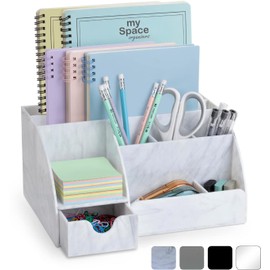 Acrylic Office Desk Organizer with Drawer, Marble 9 Compartments, All in One Office Supplies and Cool Desk Accessories Organizer, Enhance Your Office Decor Desktop Organizer (White Grey Marble)