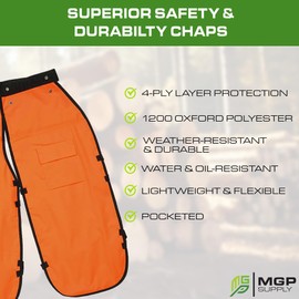 MGP SUPPLY Black 37” Chainsaw Chaps for Men with Forester Ear Muffs, Apron-Style Men's Chain Saw Chaps with Pocket & Adjustable Waist, Includes Safety Glasses, Chainsaw Safety Equipment