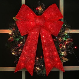 JUSTPRO 32" 72 LED Lighted Red Sparkly Bow Christmas Decoration