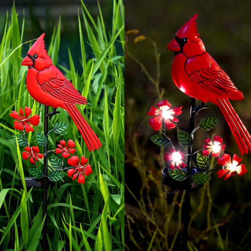 Cardinal Decor Garden Stake,Solar Metal Red Cardinal, Cardinal Bird Figurine