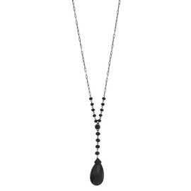 DAUPLAISE Jewelry Jet Black Beaded Y Necklace with Teardrop Pendant, Elegant Women's Fashion Jewelry - Hematite Tone, Base Metal, No Gemstone