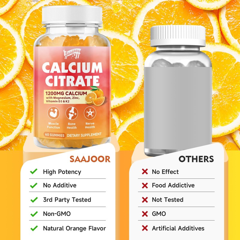 Calcium Citrate Gummies 1200 mg with Vitamin D3, K2, Magnesium,
