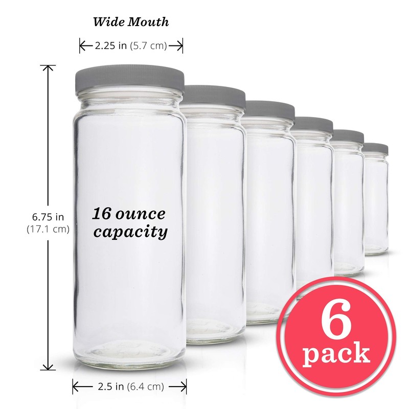 Glass Water Bottles Set - 6 Pack Wide Mouth with