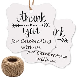100 White Thank You Tags for Wedding, Birthday, Baby Shower & Party Favors - Paper Gift Tags with Jute String