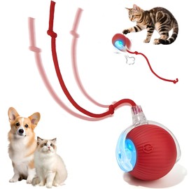 Petayouj Interactive Cat Toys Ball - 2025 New Gen with 360° Auto-Rotation Smart Obstacle Avoidance & Auto Wake-Up,Includes 1 Speedy Tail 2.0 Ropes, Ideal Kitten Toys for Bored Indoor Cats (Red)