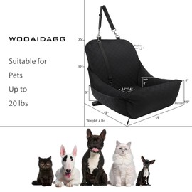 Wooaidagg Dog Car Seat for Small Dogs Up to 25 lbs,Covered Ultra-Soft Fabric and Fill in Memory Foam,Fully Detachable and Washable,2 Clip-On Safety Leashes and Storage Pockets(Black)