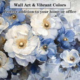 Aurumera Floral Canvas Wall Art for Living Room Hand-Painted White and Indigo Floral Pictures Wall Art Decoration Dining Room Bedroom Bathroom Kitchen Oil Painting For Home Decoration 16x24 in