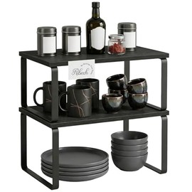 Spice Rack Set of 2 Bamboo and Metal Kitchen Organiser with Expandable Design, Ink Black Stackable Shelf, Cupboard Organiser Kitchen