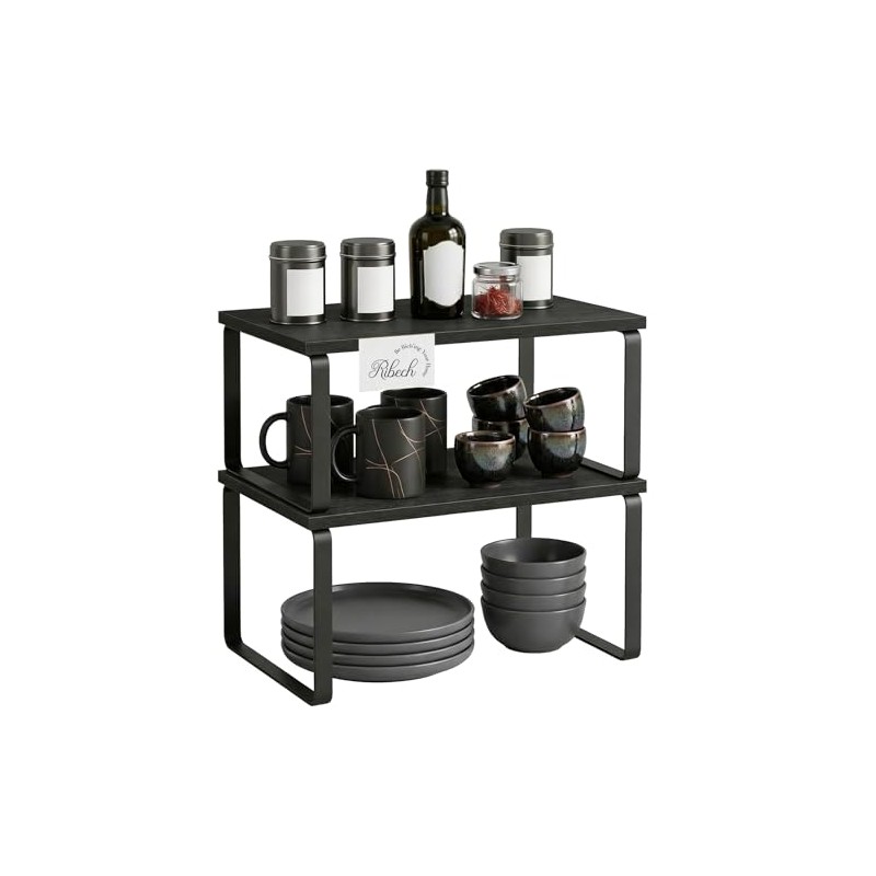 Spice Rack Set of 2 Bamboo and Metal Kitchen Organiser